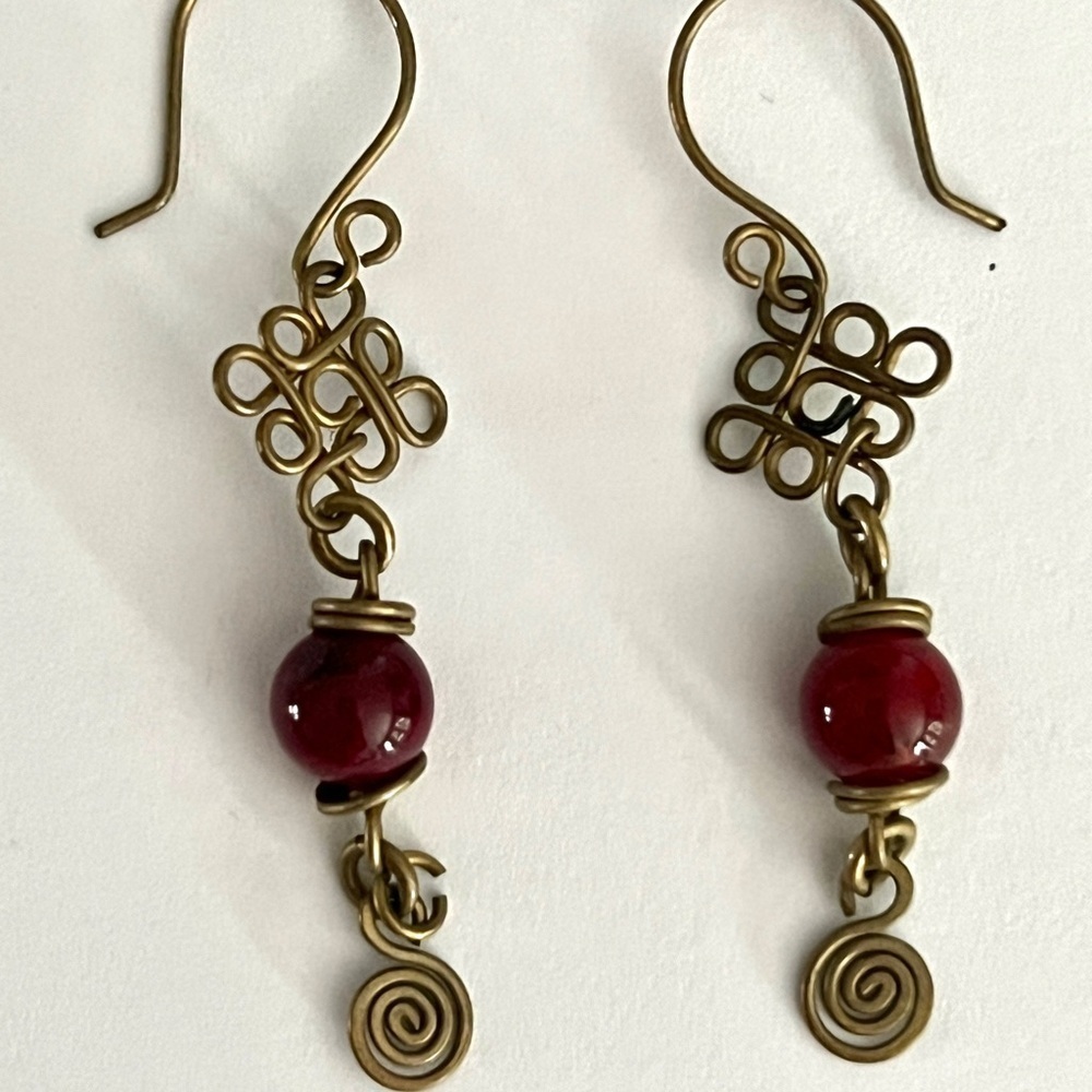 Artisan Brass and Red Bead Earrings